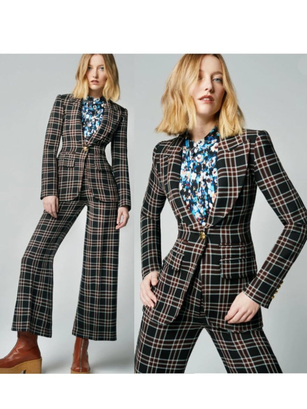 Smythe Hutton 2Pc Plaid Suit Set Blazer Culotte Pants Brown Size 10